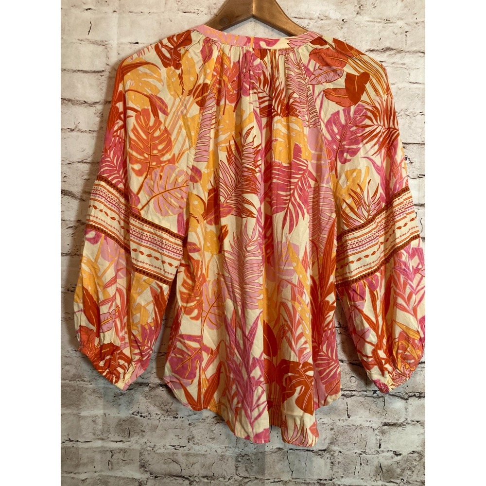Haute Hippie Peasant Top Womens Medium Beaded Tassels Monstera Print Pink‎ Boho - Picture 12 of 14